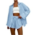 thumbnail image 1 of Spring Tops for Women Womens Sets 2 Piece Outfits Women's Fashion Casual Solid Color Long Sleeved Shirt And Shorts Two-piece Set, 1 of 4