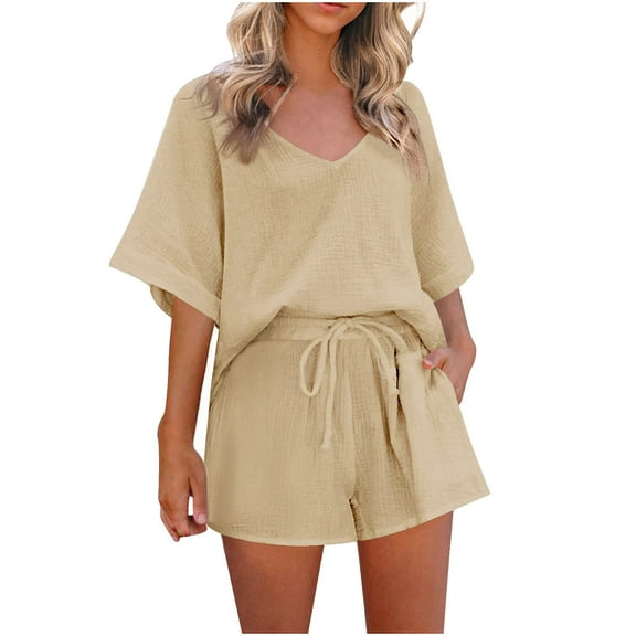 Spring Tops for Women Womens Sets 2 Piece Outfits Women's Fashion Casual Solid Color Short Sleeved Shirt And Shorts Two-piece Set