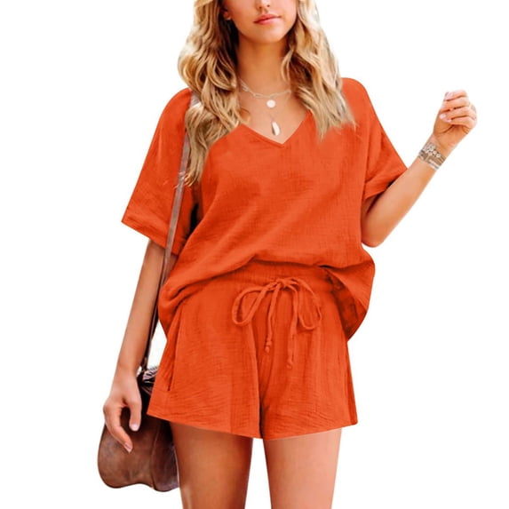 Spring Tops for Women Womens Sets 2 Piece Outfits Women's Fashion Casual Solid Color Short Sleeved Shirt And Shorts Two-piece Set
