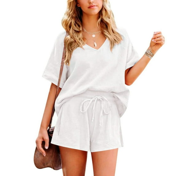 Spring Tops for Women Womens Sets 2 Piece Outfits Women's Fashion Casual Solid Color Short Sleeved Shirt And Shorts Two-piece Set
