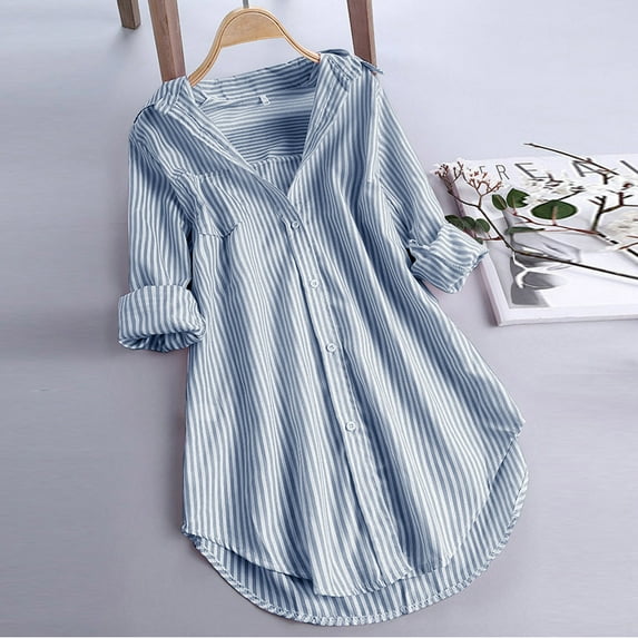 Spring Tops for Women Womens Tops under $5 Fall Clothes Women Stripe Long Sleeve Turn-down Collar Button up Loose Shirts Blouse Blue XXXL