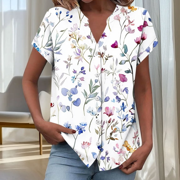 Homenesgenics Spring Tops for Women Womens Tops under $5 Women Loose Casual Short Sleeve V-Neck Solid Casual Blouse T-Shirt Tunic Tops