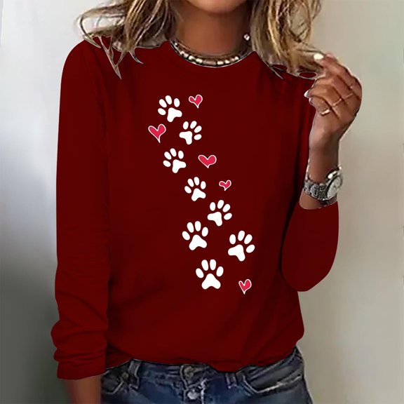 Spring Tops for Women Womens Tops under $5 Spring Trendy Women's Printed Round Neck Pullover Long Sleeved Casual Tops Red XL
