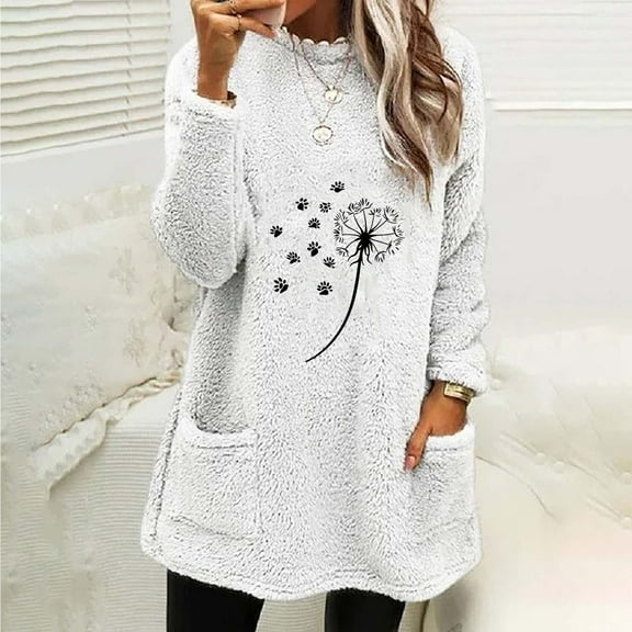 Spring Tops for Women Womens Tops under $5 Women's Round Neck Long Sleeved Pocket Printed and Winter Thick Warm Tops White S