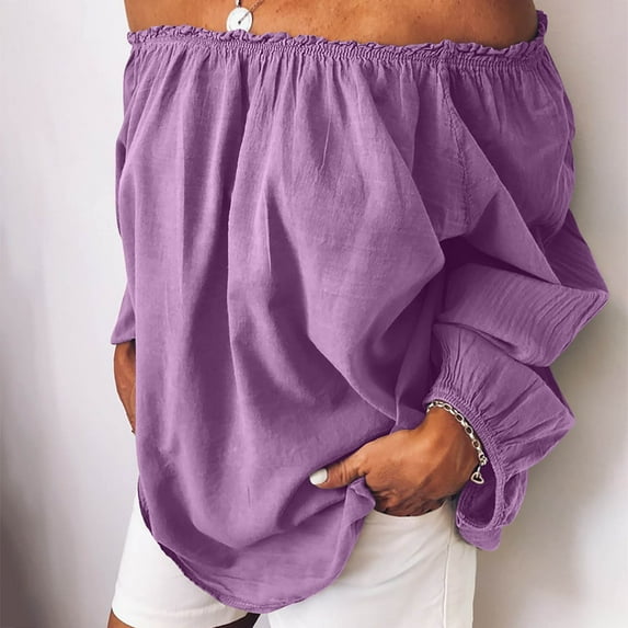 Spring Tops for Women Womens Tops Long Sleeve Casual Solid Stringy Long Sleeve Off The Shoulder Tops Womens Clothes Clearance under $8