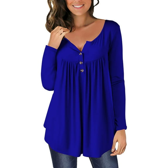 Spring Tops for Women Womens Tops Long Sleeve Pullover Plus Size Women Casual T-shirt Round Neck Ruched Pullover Blouse Tops Blue XXL