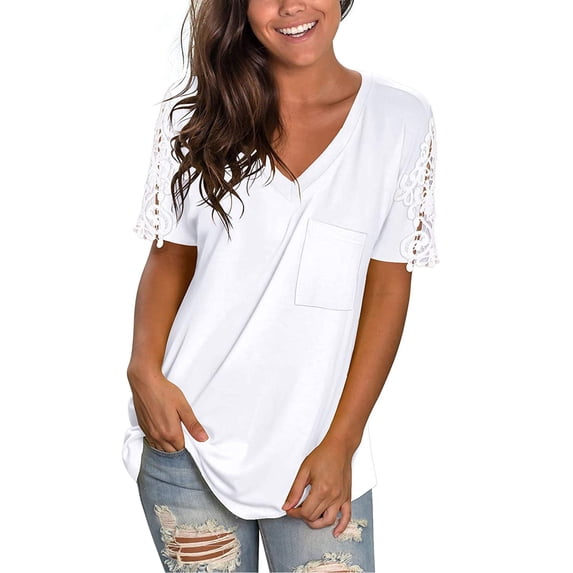 Spring Tops for Women Womens Tops Plus Size 2X Breathable Lace Short Sleeve V-Neck T-Shirt Loose Casual Summer Tee Tops Gifts for Women