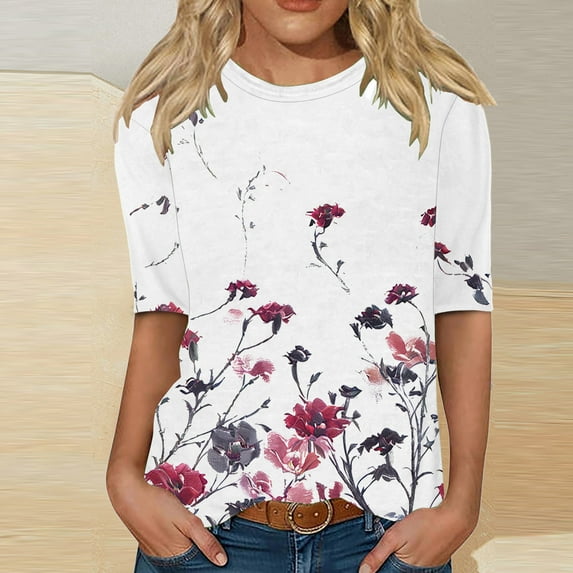 Spring Tops for Women Womens Tops Plus Size Fall Clothes Women Half Sleeves Casual Shirts Pullover Loose Tunic Tops Print Blouse White L