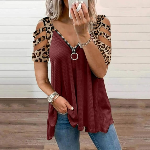 Spring Tops for Women Womens Tops Womens Summer Short SleeveV-Neck Zipper Leopard Hollow Out T-Shirt Blouse Tops