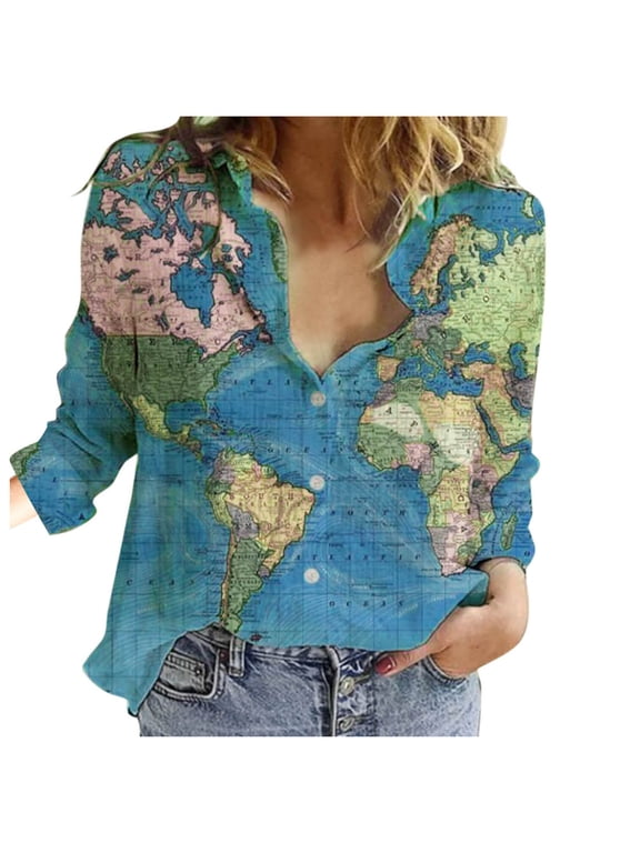 Spring Tops for Women World Casual Lapel Top Loose Map Sleeve Long Button Print Shirt Summer Shirts for Women Sky Blue XL