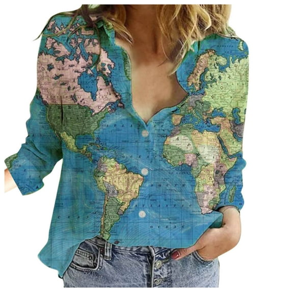 Spring Tops for Women World Casual Lapel Top Loose Map Sleeve Long Button Print Shirt Womens Shirts Sky Blue L