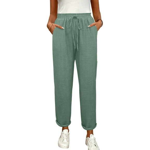 Spring Travel Linen Pants for Women Drawstring High Waisted Wide Leg Elastic Waist Trousers Ankle Length Vacation Beach Crop Pants Mint Green S