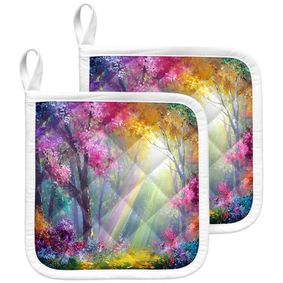Spring Tree Pot Holders for Kitchen Heatproof Potholder, 2 Pack Forest Sunbeams Floral Botanical Hot Pads Multipurpose Oven Pads Terry Cloth Potholders Trivet for Cooking and Baking