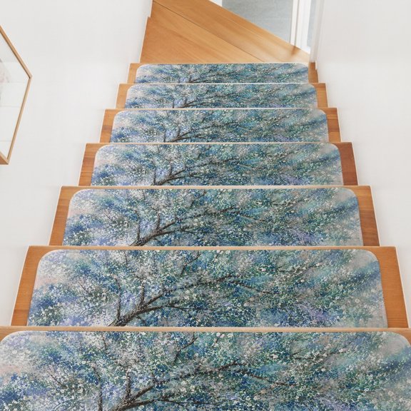 Spring Tree Stair Treads Non Slip for Steps Vintage Rustic Blue Botanical Oil Painting Texture 4 Pcs Reusable Adhesive Stair Runner Mats for Dogs Elders Carpet Treads Rugs for Staircase 8x30 In