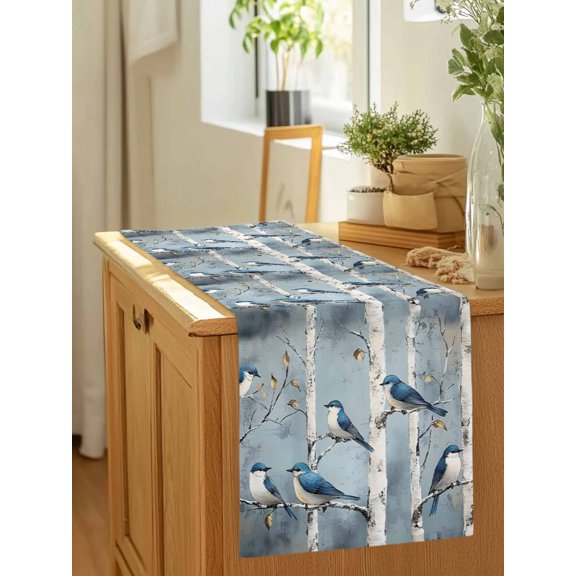 Spring Tree Trunk Branch Bird Table Runner 36 Inches Long,Kitchen Dining Tablerunners Animal Leaves Oil Painting Linen Table Runners Dresser Scarves for Home Dinner Wedding Holiday Party Decor