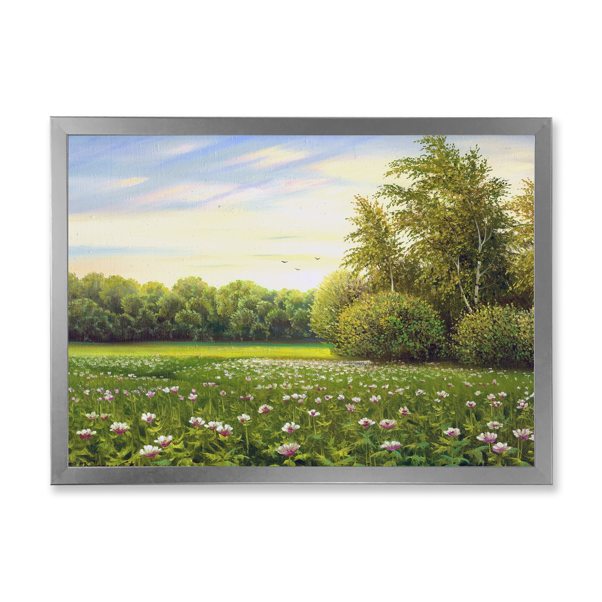 Spring Trees By The Flowers and Meadows 20 in x 12 in Framed Painting Canvas Art Print, by Designart