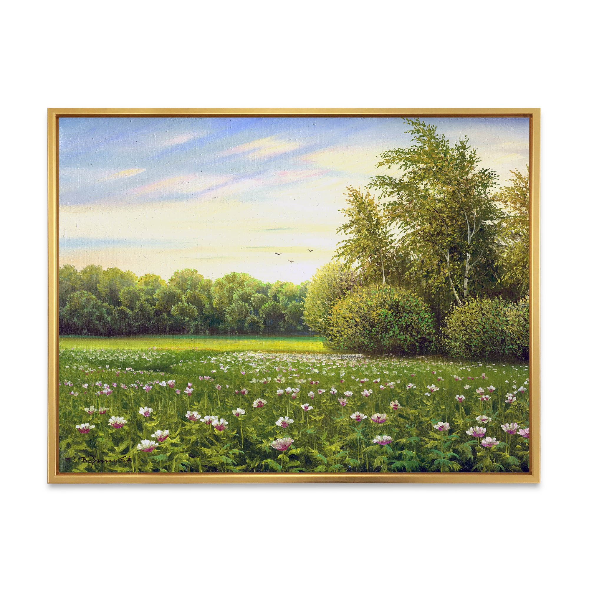Spring Trees By The Flowers and Meadows 32 in x 24 in Framed Painting Canvas Art Print, by Designart