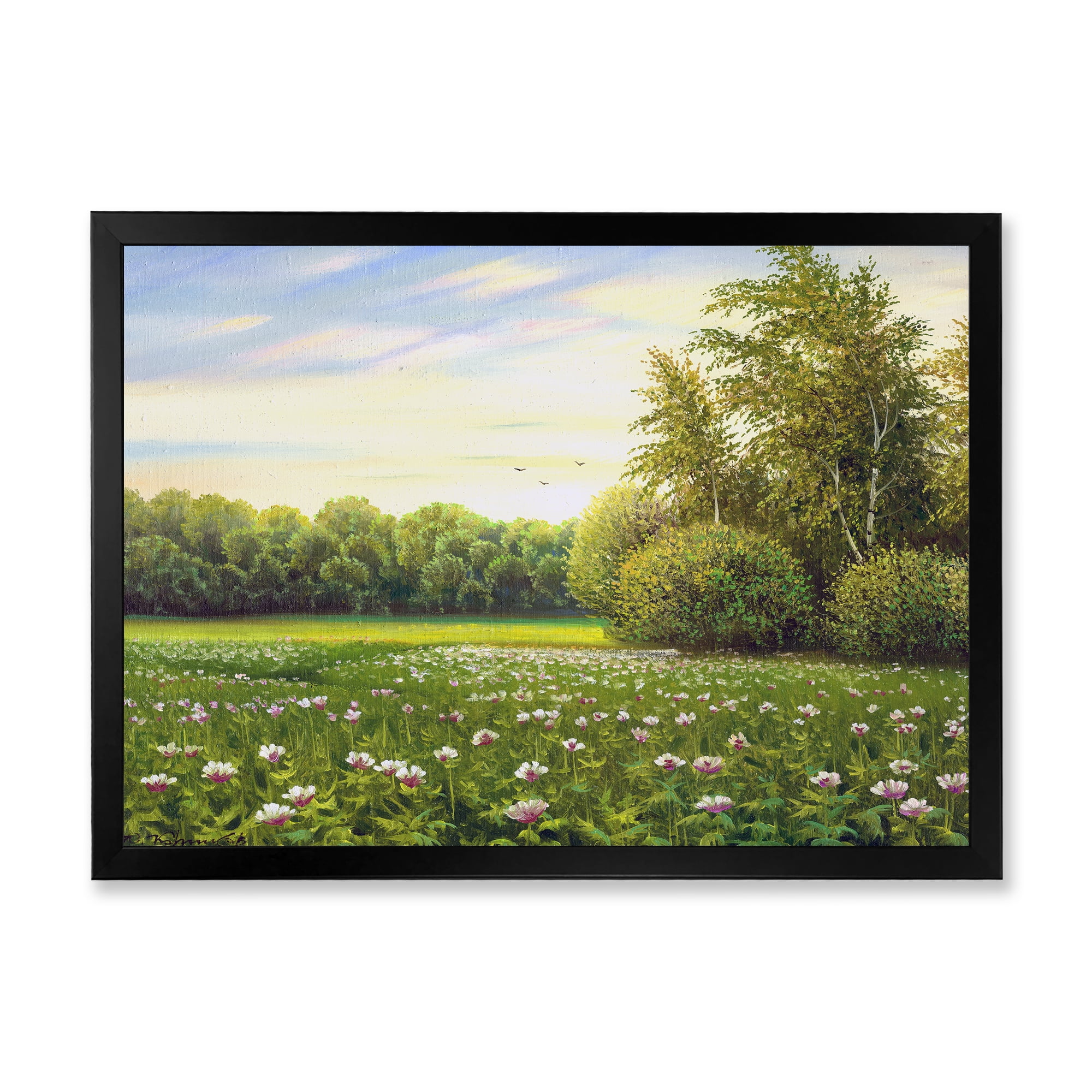 Spring Trees By The Flowers and Meadows 32 in x 24 in Framed Painting Canvas Art Print, by Designart