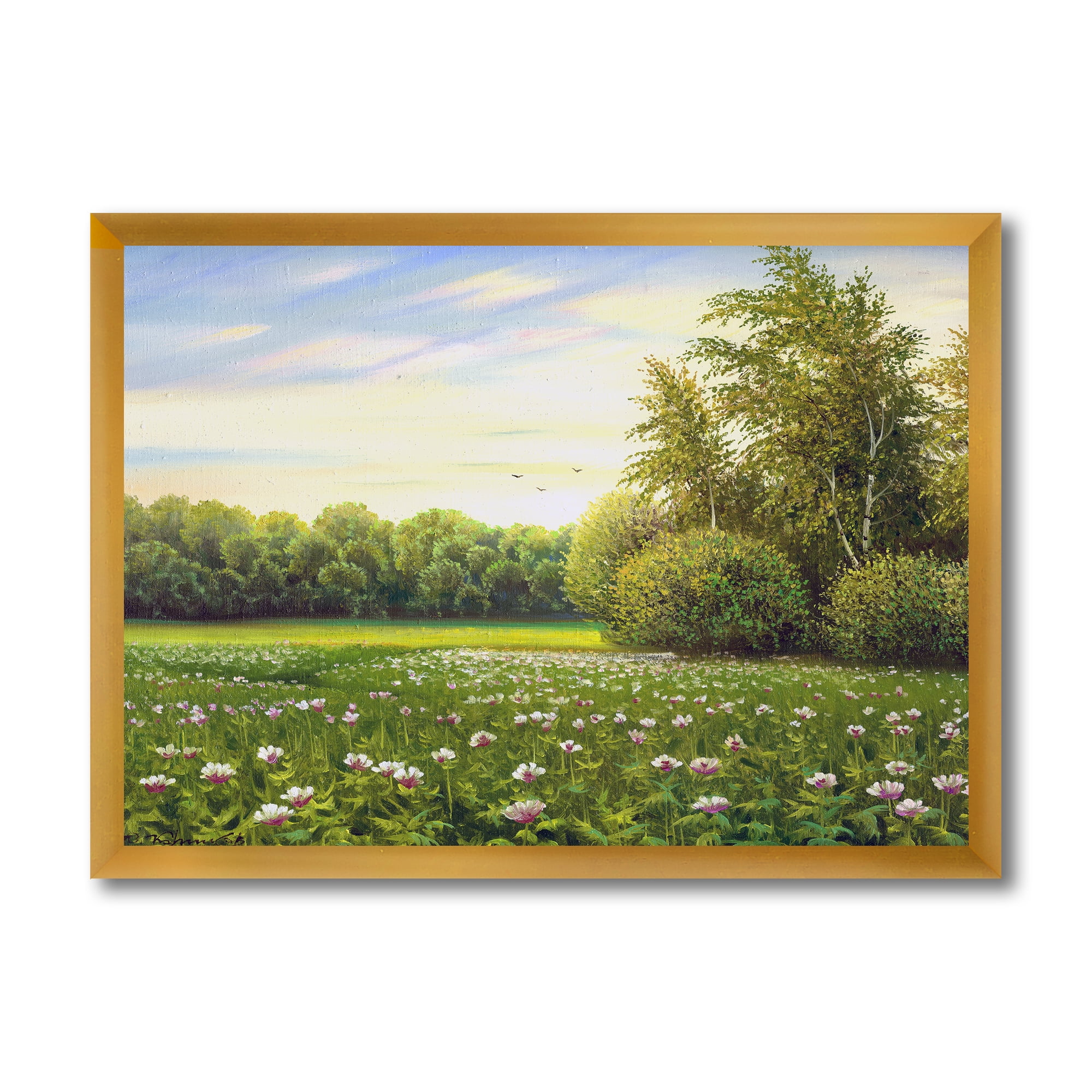 Spring Trees By The Flowers and Meadows 40 in x 30 in Framed Painting Canvas Art Print, by Designart