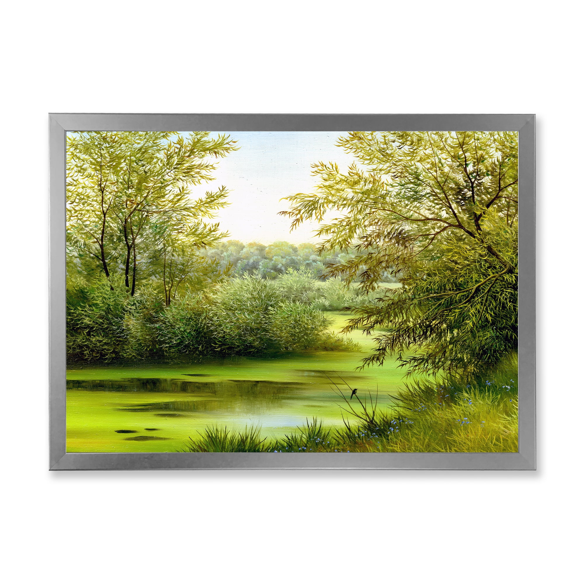 Spring Trees With Green Pond 20 in x 12 in Framed Painting Canvas Art Print, by Designart