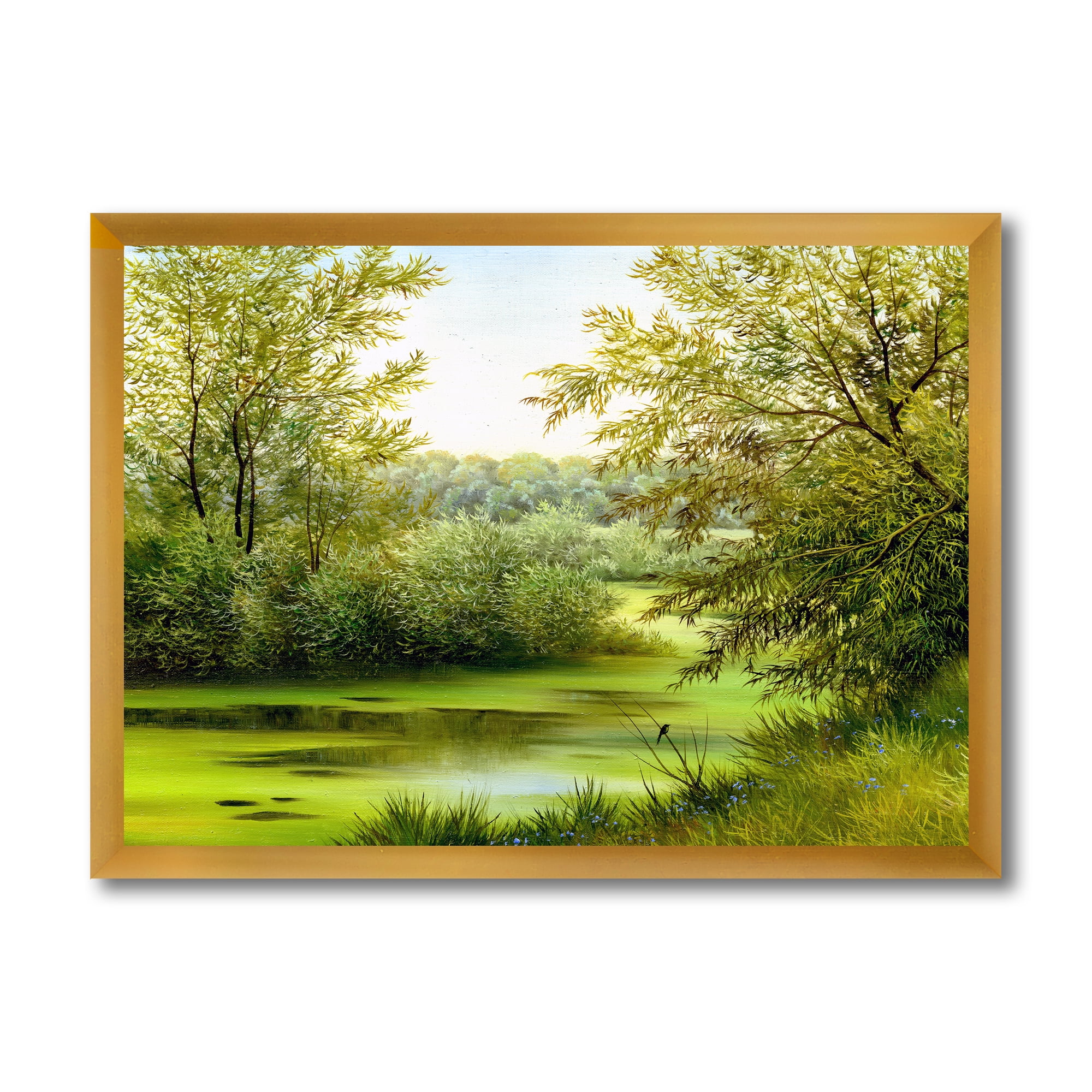 Spring Trees With Green Pond 20 in x 12 in Framed Painting Canvas Art Print, by Designart