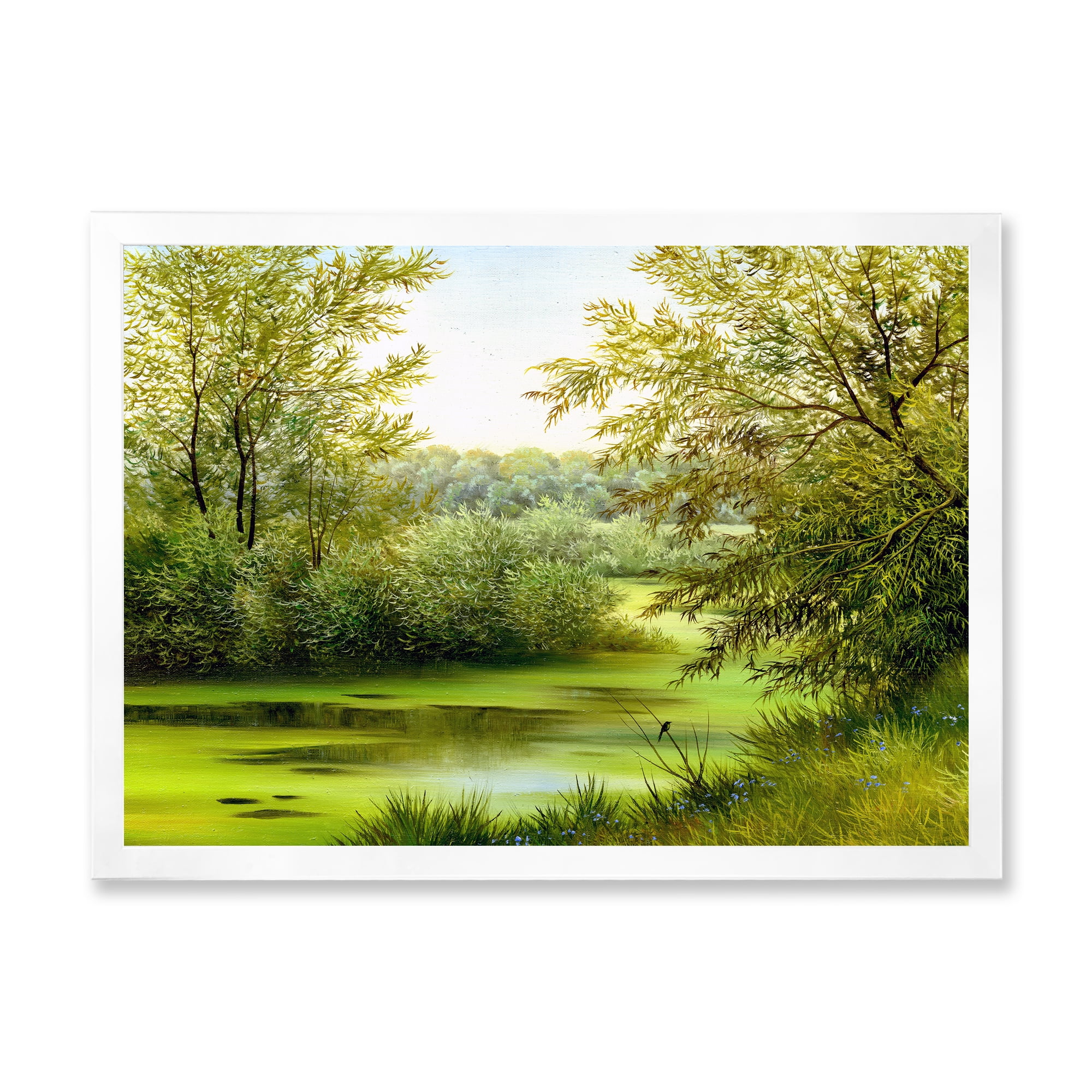 Spring Trees With Green Pond 32 in x 16 in Framed Painting Canvas Art Print, by Designart