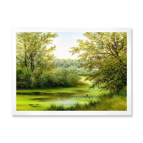 Spring Trees With Green Pond 32 in x 16 in Framed Painting Canvas Art Print, by Designart