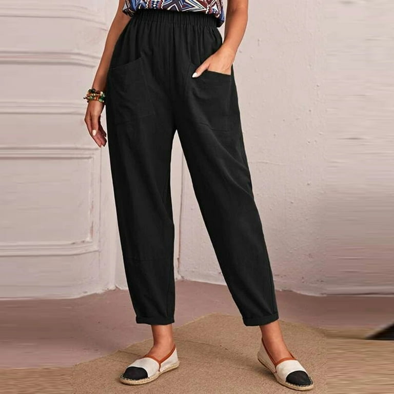 Spring Trends,POROPL Plus Size Fashion Elastic Waist Casual Solid Straight  Leg Cotton Linen Cropped Pocket Trousers Khaki Pants for Women Clearance