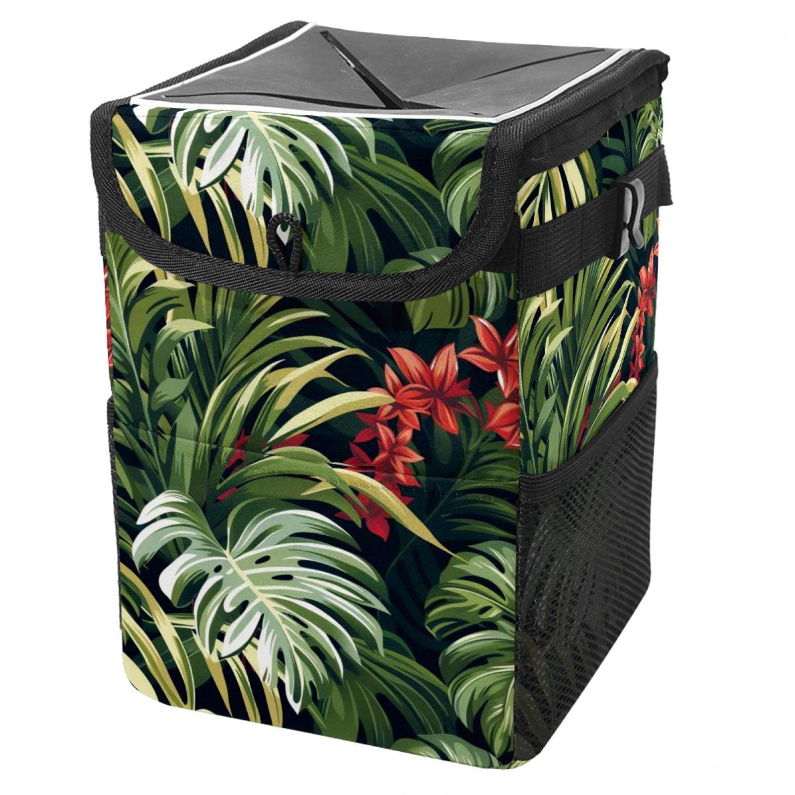 Spring Tropical Plants Foldable Car Trash Bin with Lid, Leakproof Mini