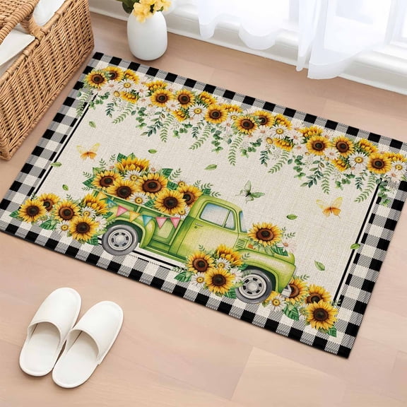 Spring Truck 2'x3' Rug for Entryway Front Door Kitchen Sink Area, Rustic Watercolor White Yellow Floral Linen Texture Black Plaid Low Pile Non Slip Rectangle Area Rug, Machine Washable Indoor Mat