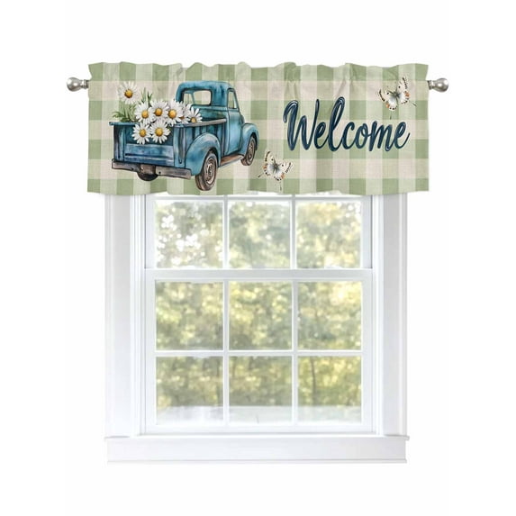 Spring Truck Daisy Valances for Windows, Rod Pocket Kitchen Valance Curtains - Soft & Washable Small Window Treatment for Living Room, Bathroom, Green Plaid, 54x18inch