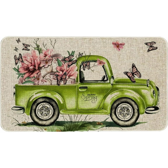 Spring Truck Decorative Door Mat, Seasonal Flower Spring Holiday Low-Profile Floor Mat Switch Mat for Indoor Outdoor Doormat 17 x 29 Inch
