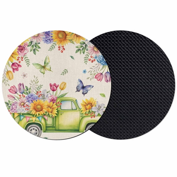 Spring Truck Floral Coasters Set of 2, Absorbent Coasters for Drinks, Watercolor Garden Flowers Butterflies Beige Coaster for Desk Coffee Table Protection, Home Decor House Warming Gifts 4"