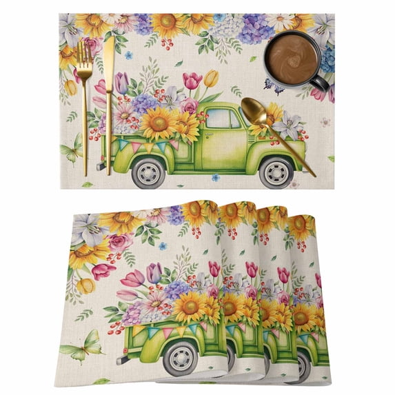 Spring Truck Floral Placemats Set of 12, Watercolor Garden Flowers Butterflies Beige Placemats for Dining Table, Place Mats for Kitchen Tabletop, Waterproof Wipeable Dining Table Mats Set