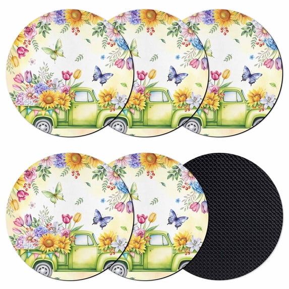 Spring Truck Flowers Coasters Set of 6, Absorbent Coasters for Drinks, Watercolor Floral Butterflies Yellow Coaster for Desk Coffee Table Protection, Home Decor House Warming Gifts 4"