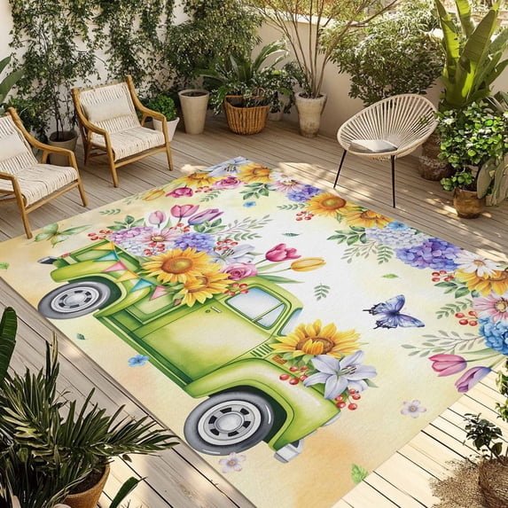 Spring Truck Flowers Outdoor Rug for Patio/Deck/Porch, Non-Slip Large Area Rug 5 x 7 Ft, Watercolor Floral Butterflies Yellow Indoor Outdoor Rugs Washable Area Rugs, Camping Rug Carpet Runner