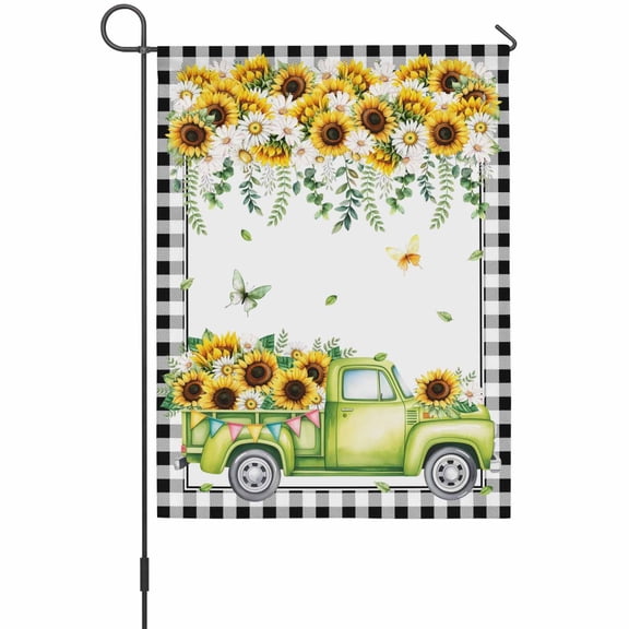 Spring Truck Garden Flag 12 x 18 Inches, Rustic Watercolor White Yellow Floral Leaf Butterfly Black Plaid Weather Proof Outdoor Patio Flags Double Sided Small Garden Decoration for Yard Outside Home