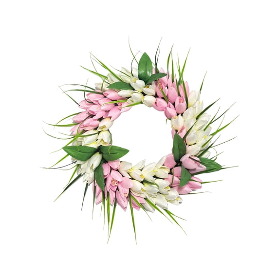 Spring Tulip Artificial Flower Wreath, Home Door and Wall Decoration Floral Circle, Perfect for Seasonal and Holiday Ambiance, Warm Rattan Wall Hanging Gift