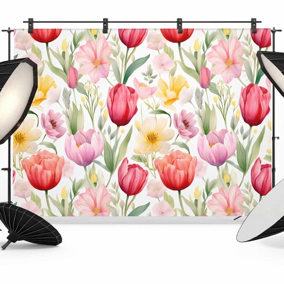 Spring Tulip Backdrop for Photoshoot, Photography Photo Studio Background Wall Backdrop, Summer Floral Botanical Elegant Back Drop Banner Panel for Portraits Wedding Party Live Streaming Decor 7x5Ft