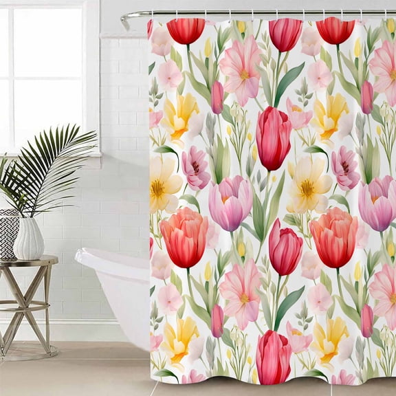 Spring Tulip Bathroom Curtain 72 Inch Shower Stall Curtain with Hooks, Summer Floral Botanical Elegant Waterproof Polyester Bath Curtain Washable Bathtub Curtain 36''x 72''