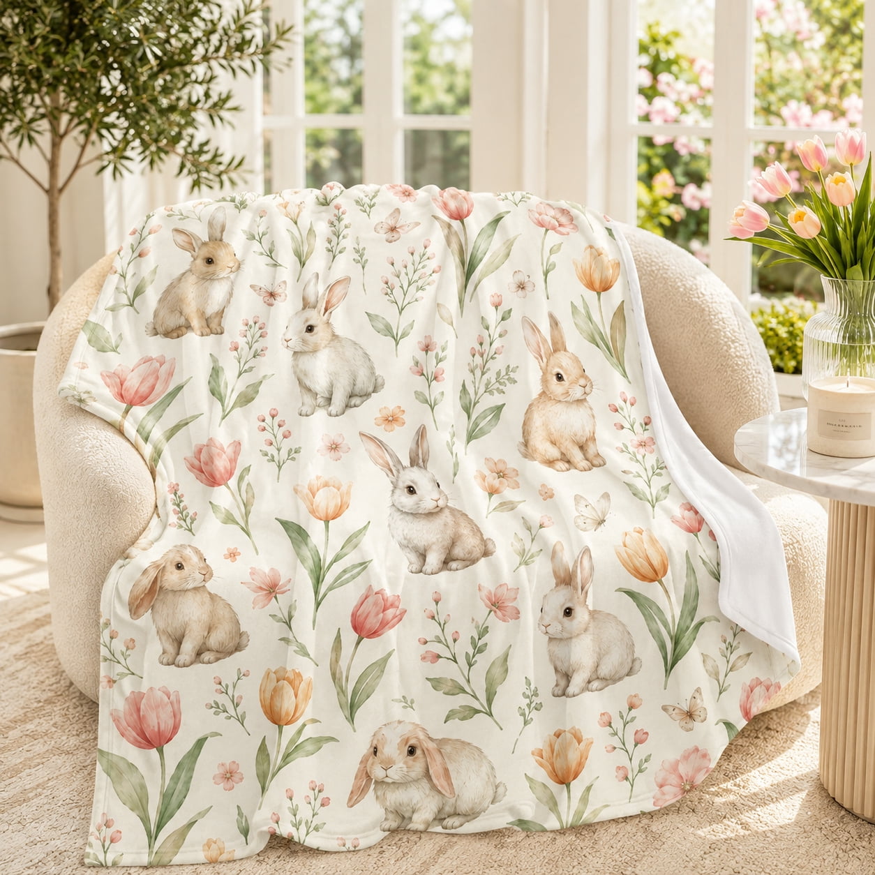 Abed Rabet Spring Tulip Bunny Blanket with Watercolor Rabbits, Peach and Pink ...