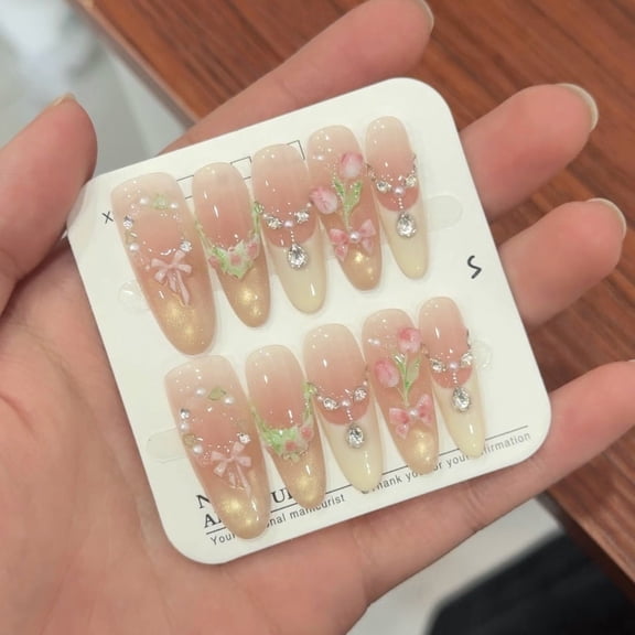 Spring Tulip - Butterfly Ballet Handmade Nail Wear Advanced Sense Small Fresh Spring and Summer Polka Dot Cat's Eye Nail Art Can Be