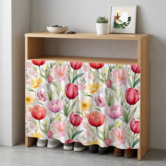 Spring Tulip Cabinet Curtain 35"Wx35"L, Dustproof Under Sink Skirt with Self Adhesive Tape, Summer Floral Botanical Elegant Cabinet Curtain Cover for Kitchen Sink, Bathroom Vanity, Laundry Room