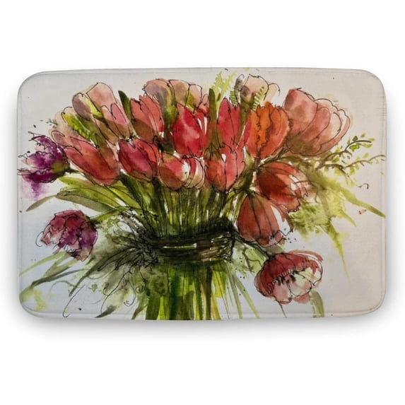 Spring Tulip Door Mat Spring Flower Indoor Outdoor Rug Welcome Mat Non-Slip Decorative Doormat for Front Door Kitchen Bedroom Living Room Bathroom Flowers Decor Gift 18x30 Inch