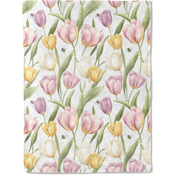 Spring Tulip Flannel Blanket - Elegant Floral Design with Pastel Flower and Green Leaves Throw - Soft Cozy Gifts Blankets for Nature Lovers,Spring Room Decor,and Floral-Theme Accents 50x60in