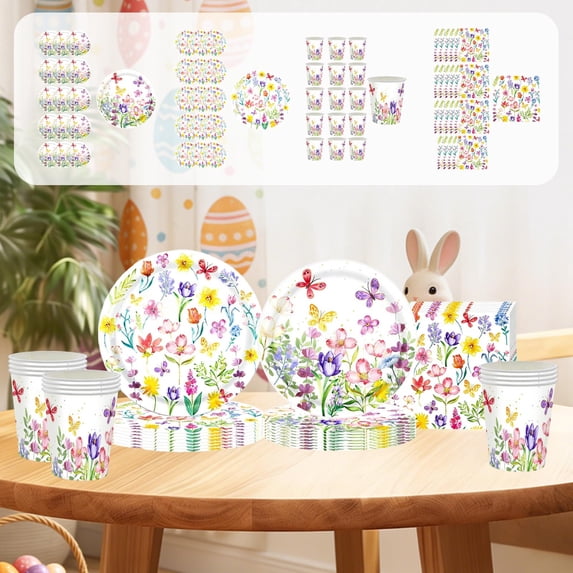 Spring Tulip Floral Disposable Tableware Set, Heavy-Duty Soak-Proof Paper Plates Cups Napkins, Eco-Friendly Decorative for Floral Theme Party Home Gathering Brunch Bridal Shower Tea Party Use, D
