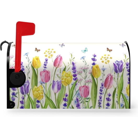 Spring Tulip Floral Mailbox Covers Magnetic Standard Size 18 X 21 Inch Summer Spring Flower Butterfly Mailbox Cover Post Box Cover Wraps for Home Yard Decorations