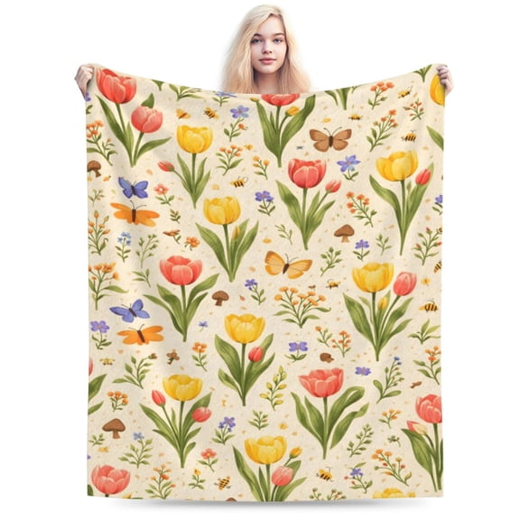 Spring Tulip Floral Pattern Blanket, Easter Mothers Day Gift Soft Cozy Plush Flannel Blanket for Sofa Couch Bed Living Room Decor 50x40