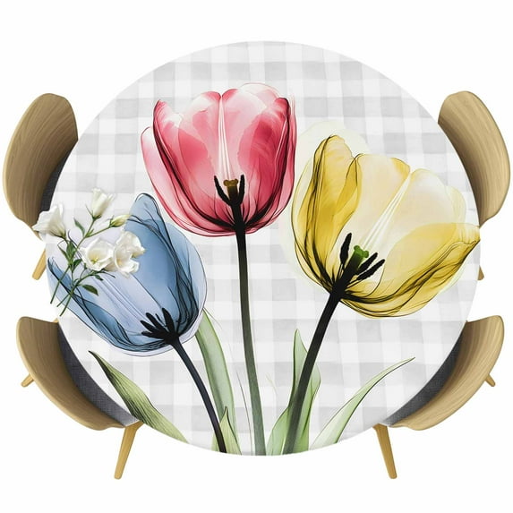 Spring Tulip Floral Round Tablecloth 45-54 Inch Round Fitted Table Cloth with Elastic Edge, Botanical Aesthetics Grey Grid Waterproof Table Cover Protector for Outdoor Picnic Party Dining