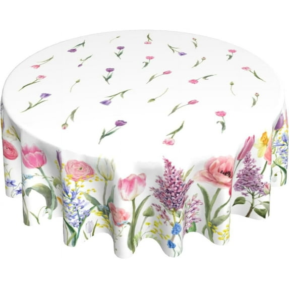 Spring Tulip Floral Tablecloth Round 60 Inch Colorful Watercolor Vintage Flowers Rustic Print Summer Seasonal Gift Print Decorative Washable Polyester Table Cloth for Party Picnic Home Kitchen Decor
